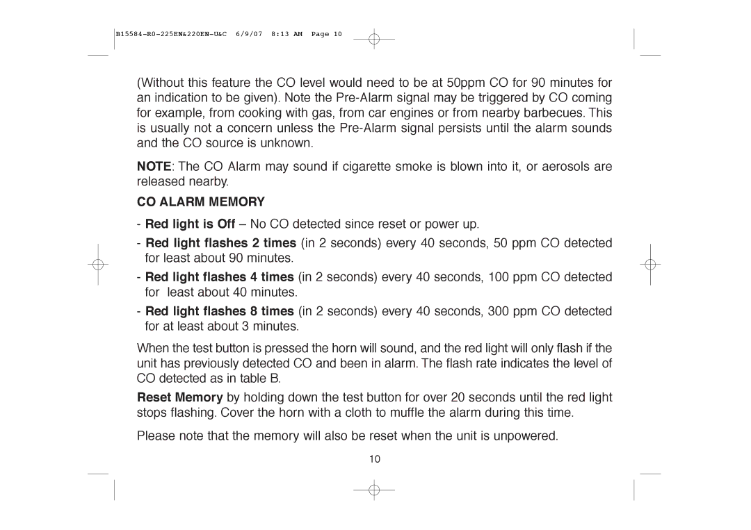 Ei Electronics Ei220EN manual CO Alarm Memory 