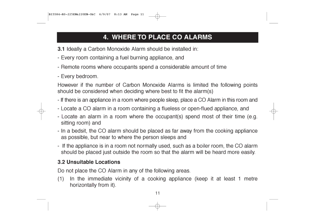 Ei Electronics Ei220EN manual Where to Place CO Alarms, Unsuitable Locations 