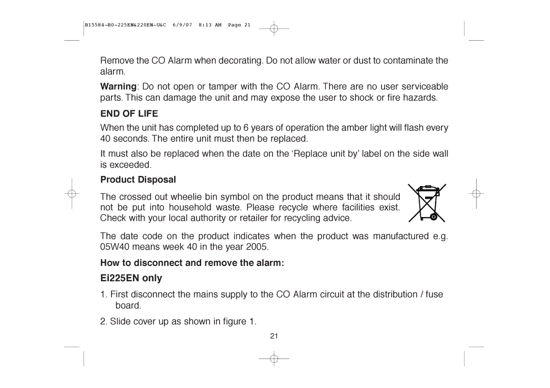 Ei Electronics Ei220EN manual END of Life, Product Disposal, How to disconnect and remove the alarm 