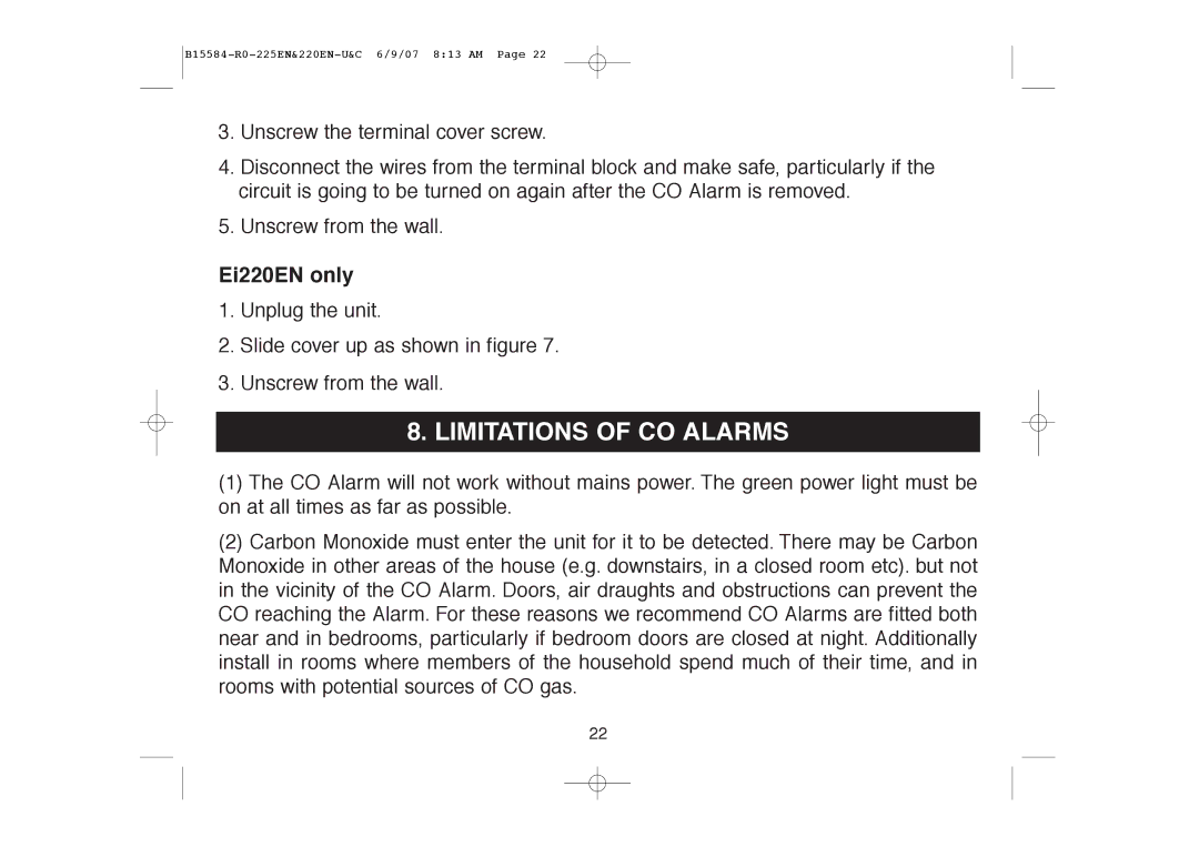 Ei Electronics Ei220EN manual Limitations of CO Alarms 