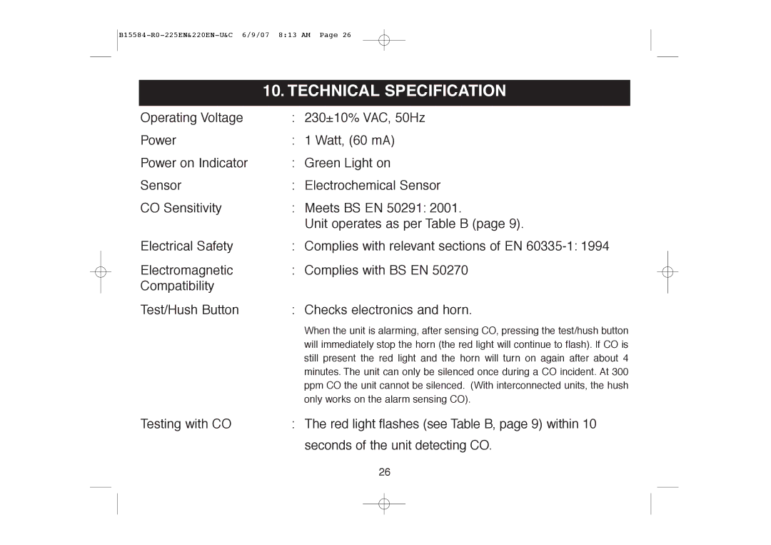 Ei Electronics Ei220EN manual Technical Specification 