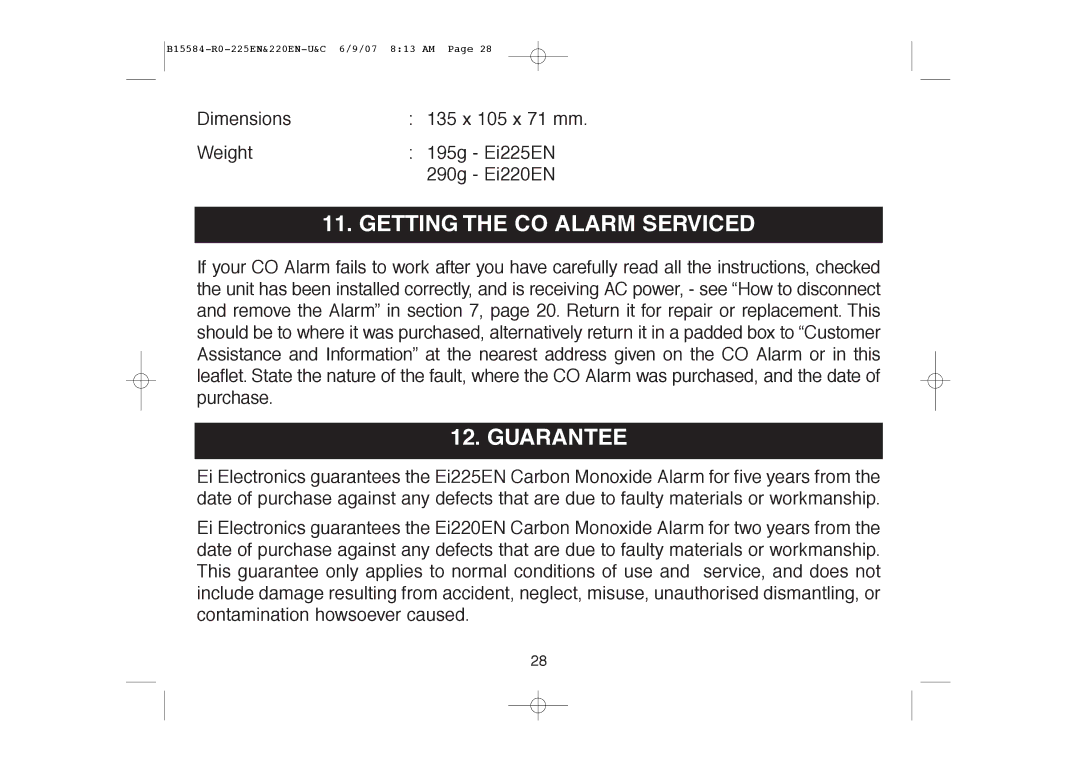 Ei Electronics Ei220EN manual Getting the CO Alarm Serviced, Guarantee 