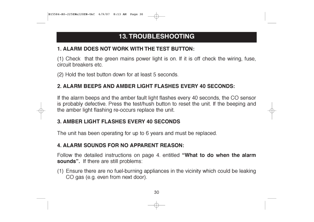 Ei Electronics Ei220EN Troubleshooting, Alarm does not Work with the Test Button, Amber Light Flashes Every 40 Seconds 