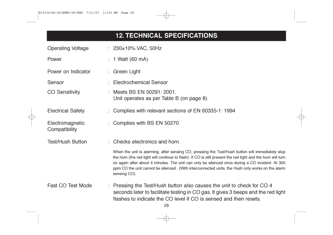 Ei Electronics Ei261DENRC, Ei261ENRC manual Technical Specifications 