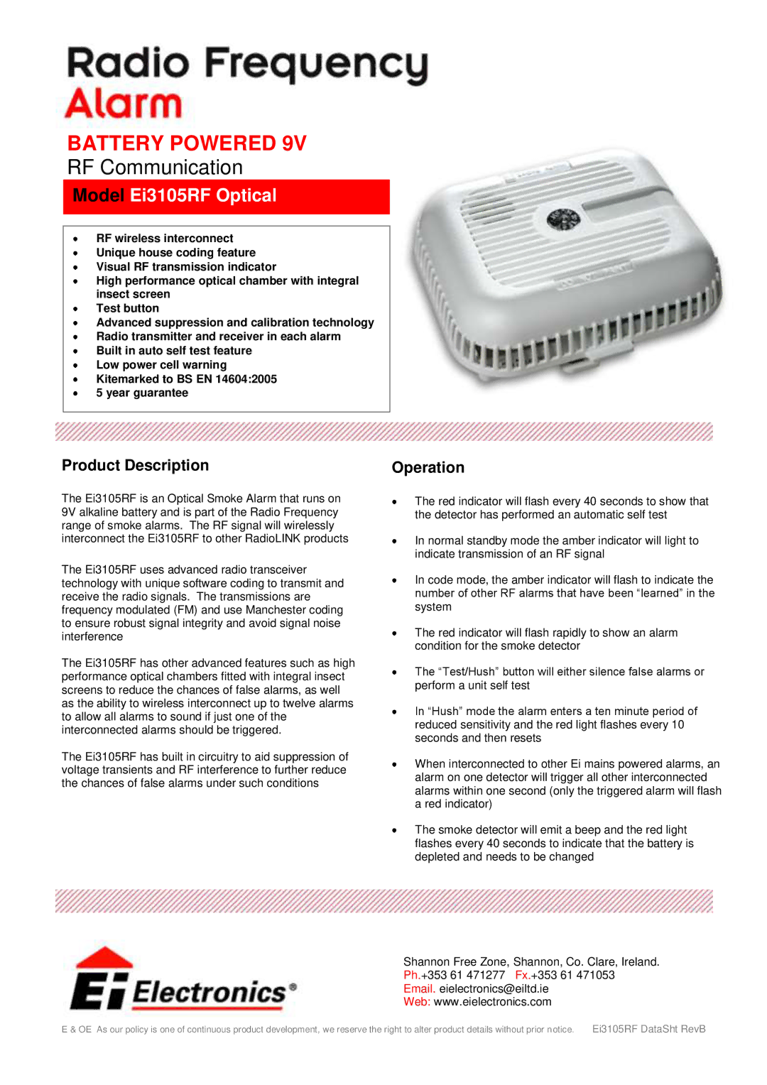 Ei Electronics manual Battery Powered, RF Communication, Model Ei3105RF Optical, Product Description Operation 