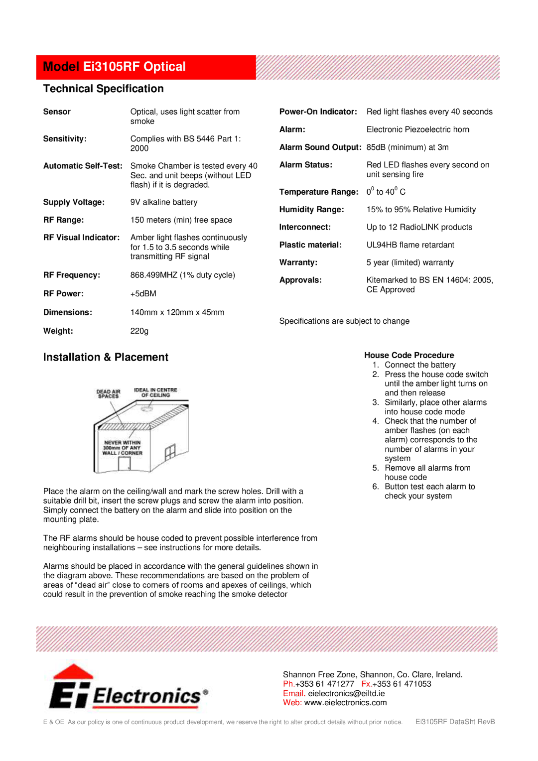 Ei Electronics Ei3105RF manual Technical Specification, Installation & Placement 