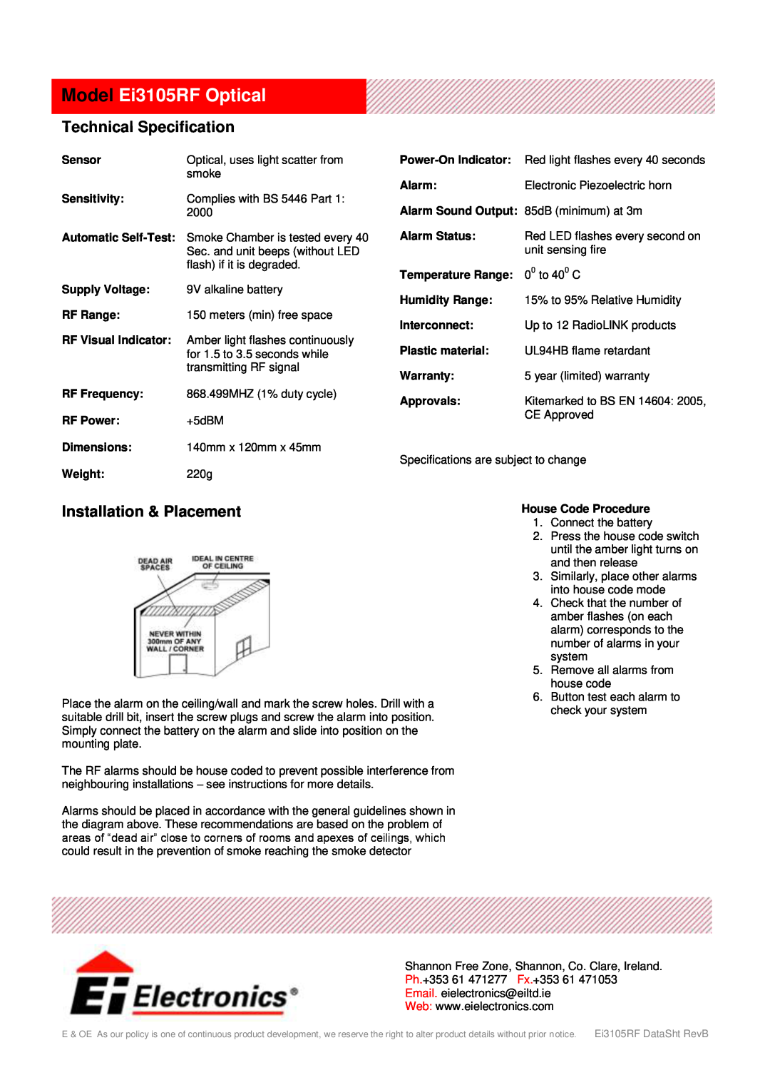 Ei Electronics manual Technical Specification, Installation & Placement, Model Ei3105RF Optical 