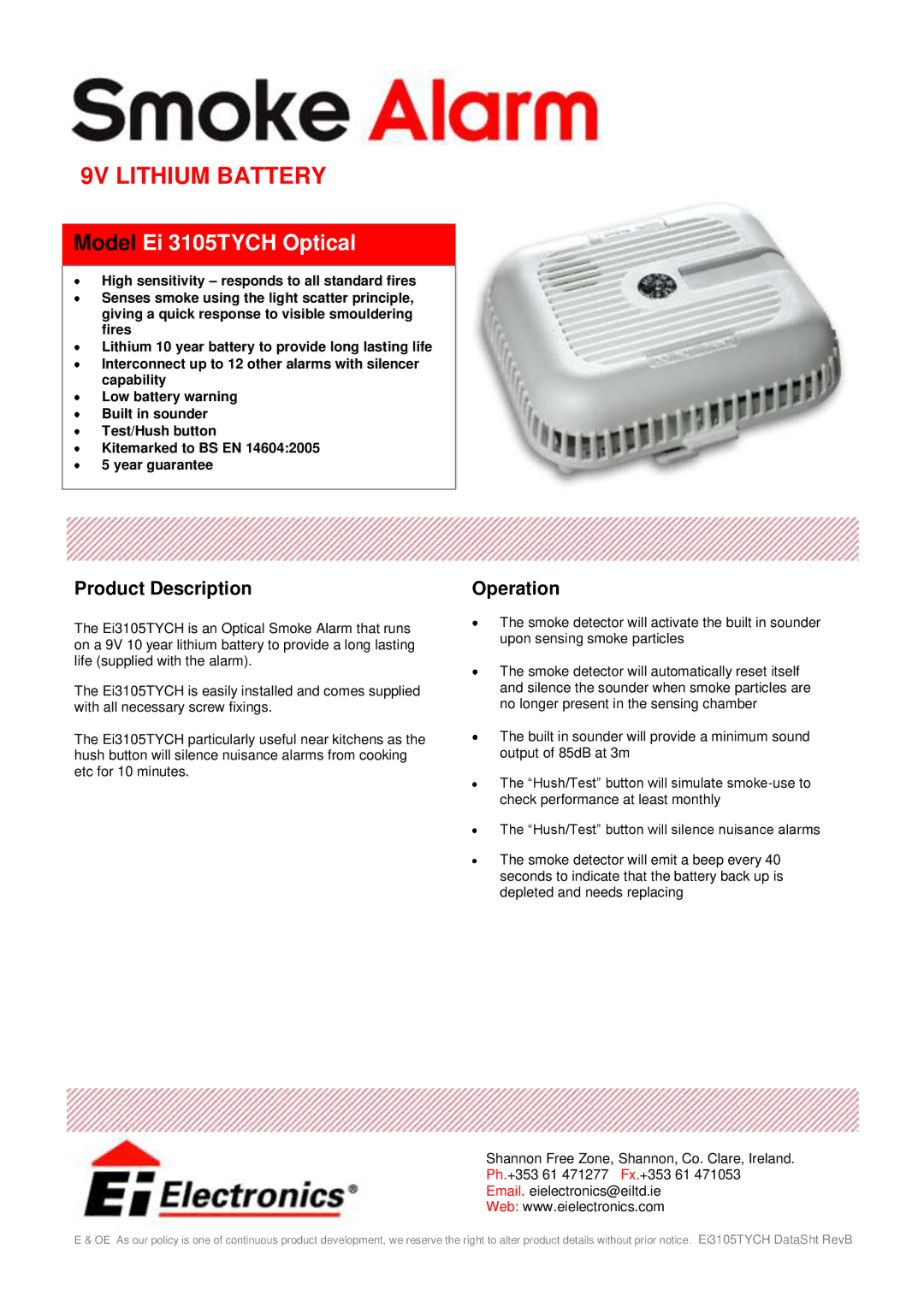 Ei Electronics Ei3105TYCH manual 9V Lithium Battery, Model Ei 3105TYCH Optical, Product Description, Operation 