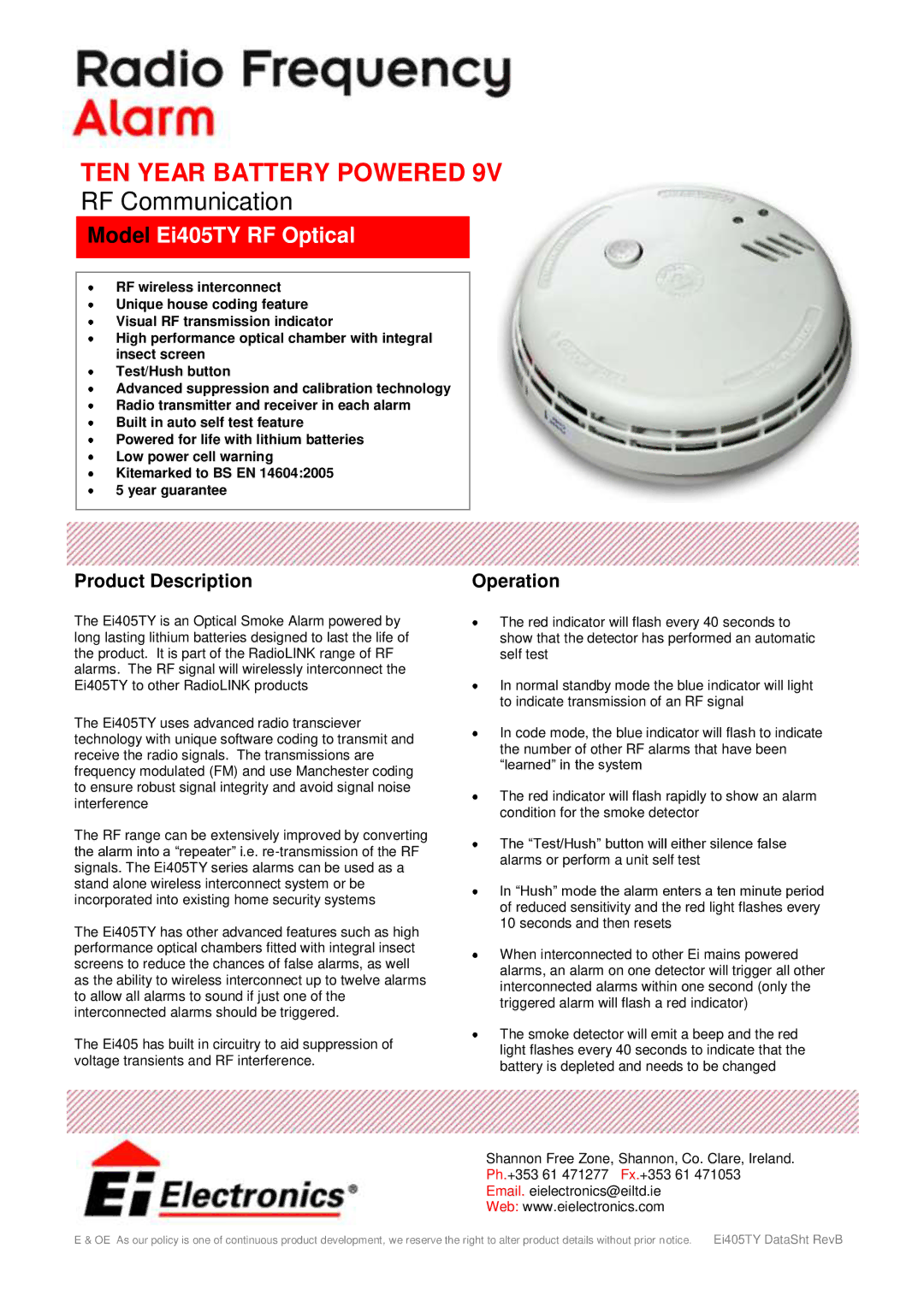 Ei Electronics manual TEN Year Battery Powered, RF Communication, Model Ei405TY RF Optical 