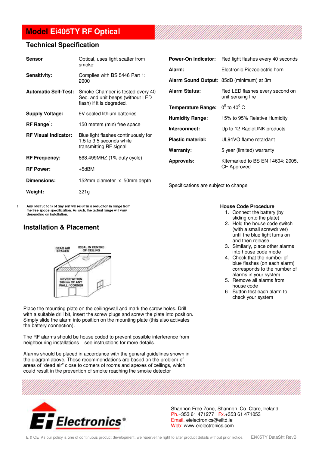 Ei Electronics Ei405TY RF manual Technical Specification, Installation & Placement 