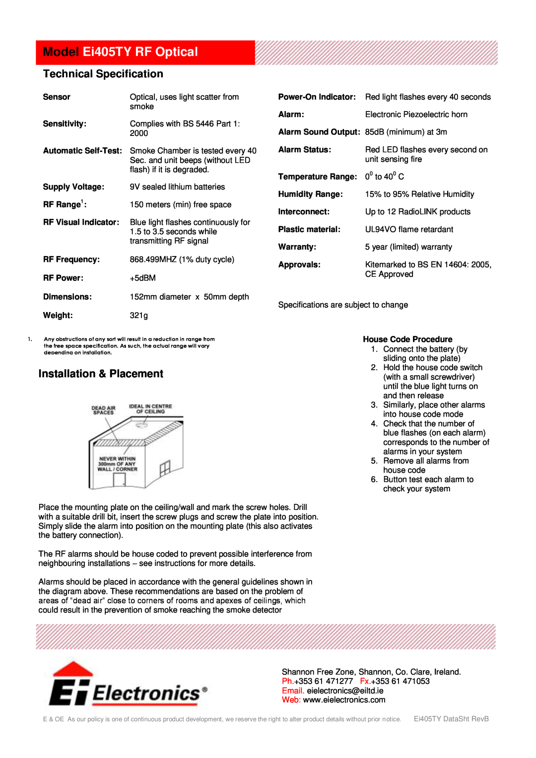 Ei Electronics manual Technical Specification, Installation & Placement, Model Ei405TY RF Optical 