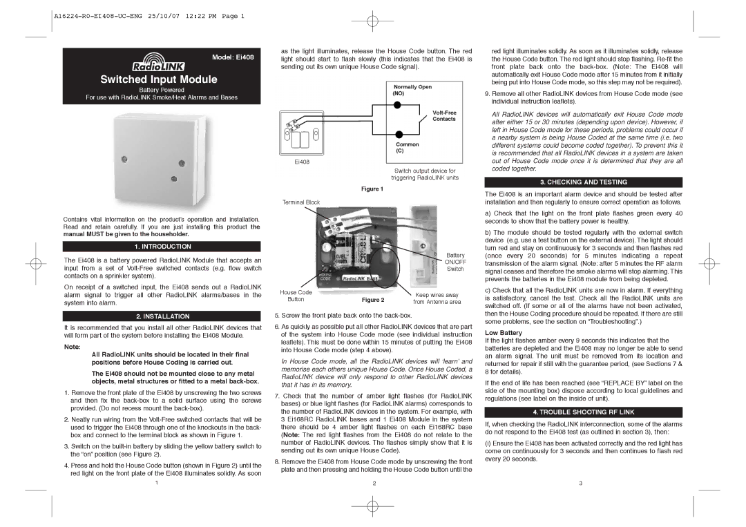 Ei Electronics manual Model Ei408, Introduction, Installation, Checking and Testing, Trouble Shooting RF Link 