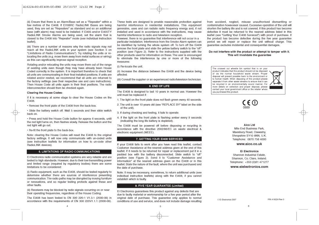 Ei Electronics manual Limitations of Radio Communications, END of Life, Getting Your Ei408 Serviced 