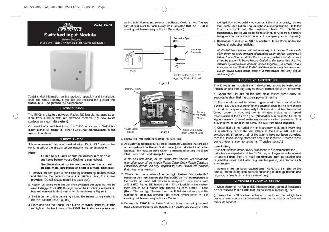 Ei Electronics manual Model Ei408, Introduction, Installation, Checking And Testing, Low Battery, Switched Input Module 
