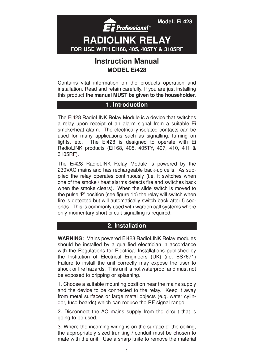 Ei Electronics Ei428 instruction manual Introduction, Installation 