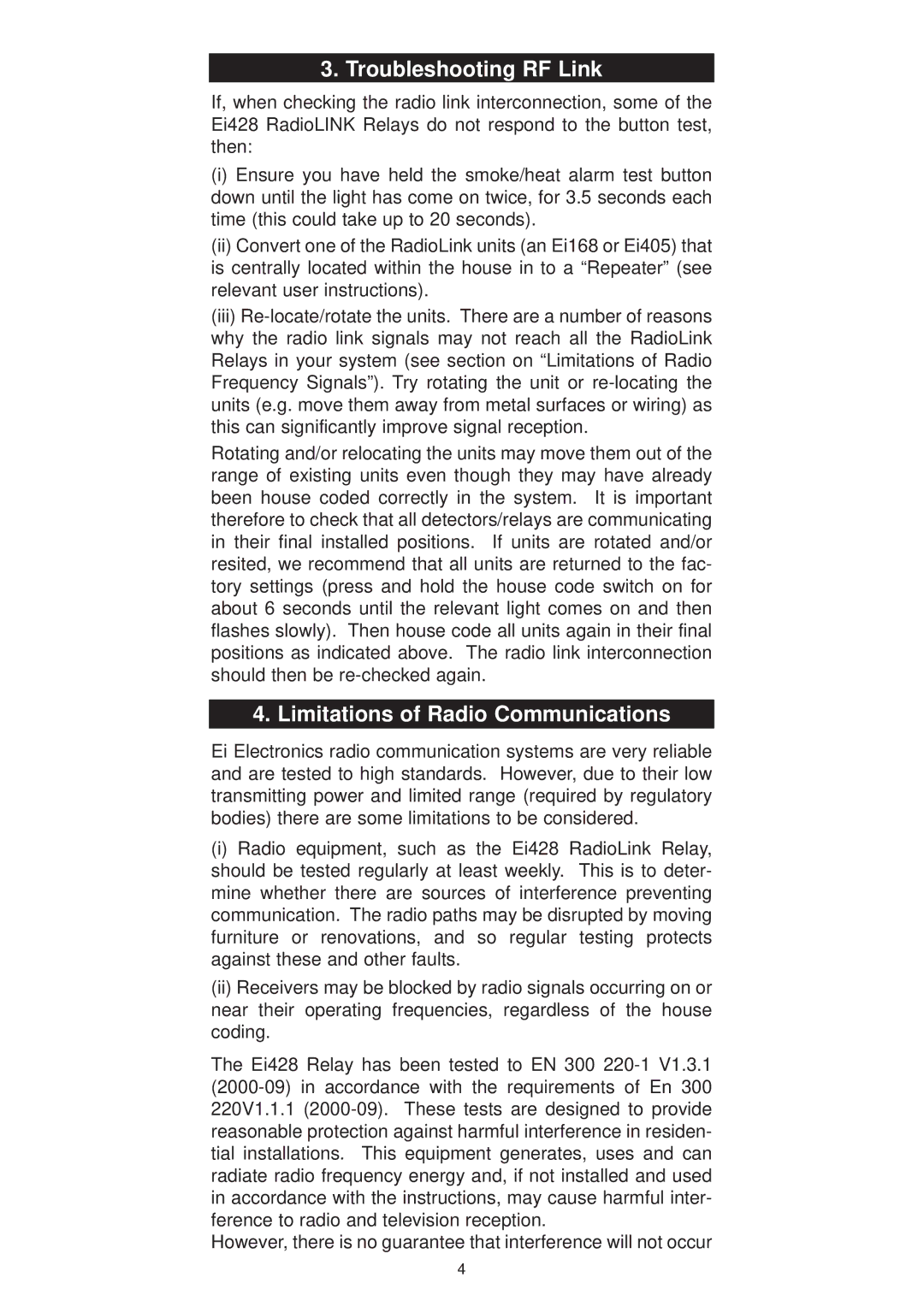 Ei Electronics Ei428 instruction manual Troubleshooting RF Link, Limitations of Radio Communications 