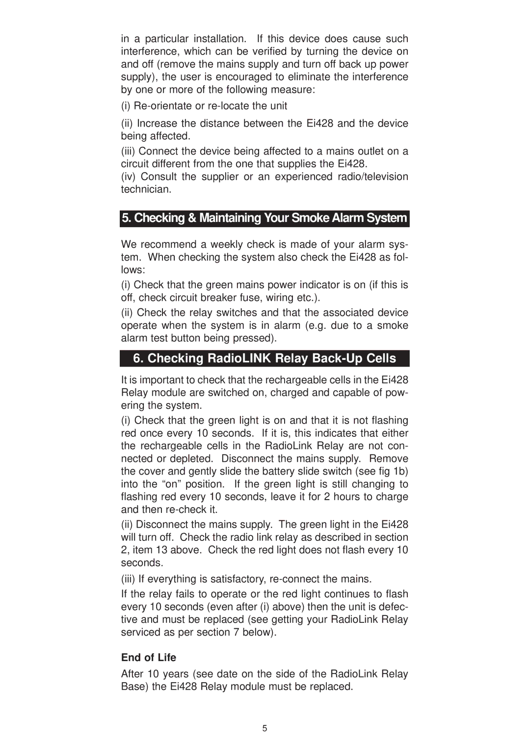 Ei Electronics Ei428 Checking & Maintaining Your Smoke Alarm System, Checking RadioLINK Relay Back-Up Cells, End of Life 