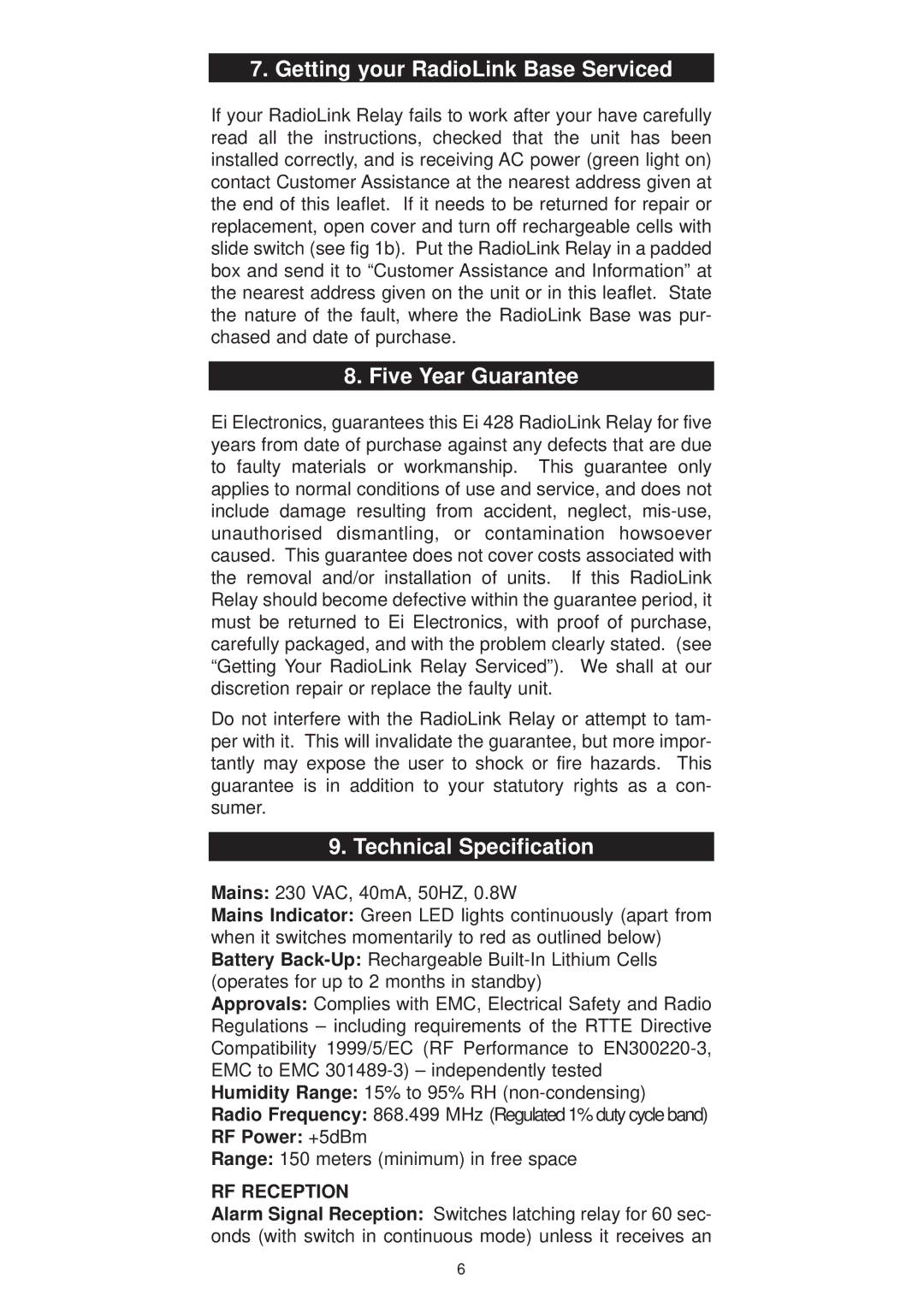 Ei Electronics Ei428 Getting your RadioLink Base Serviced, Five Year Guarantee, Technical Specification, RF Power +5dBm 