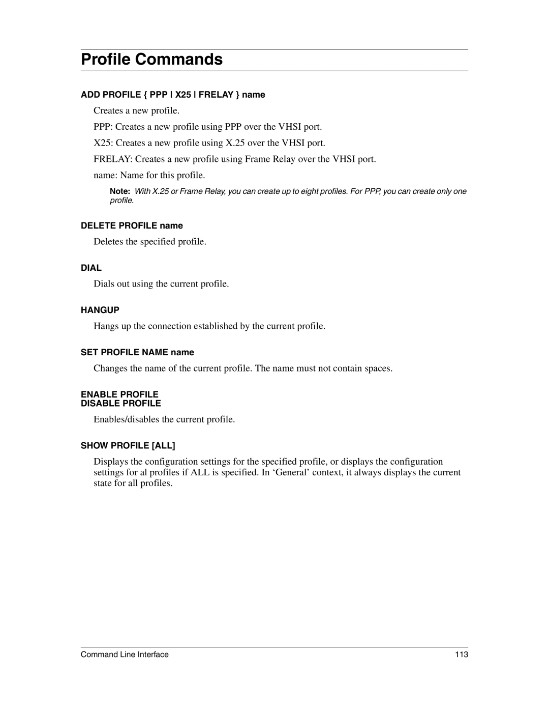 Eicon Networks 1530 manual Profile Commands 