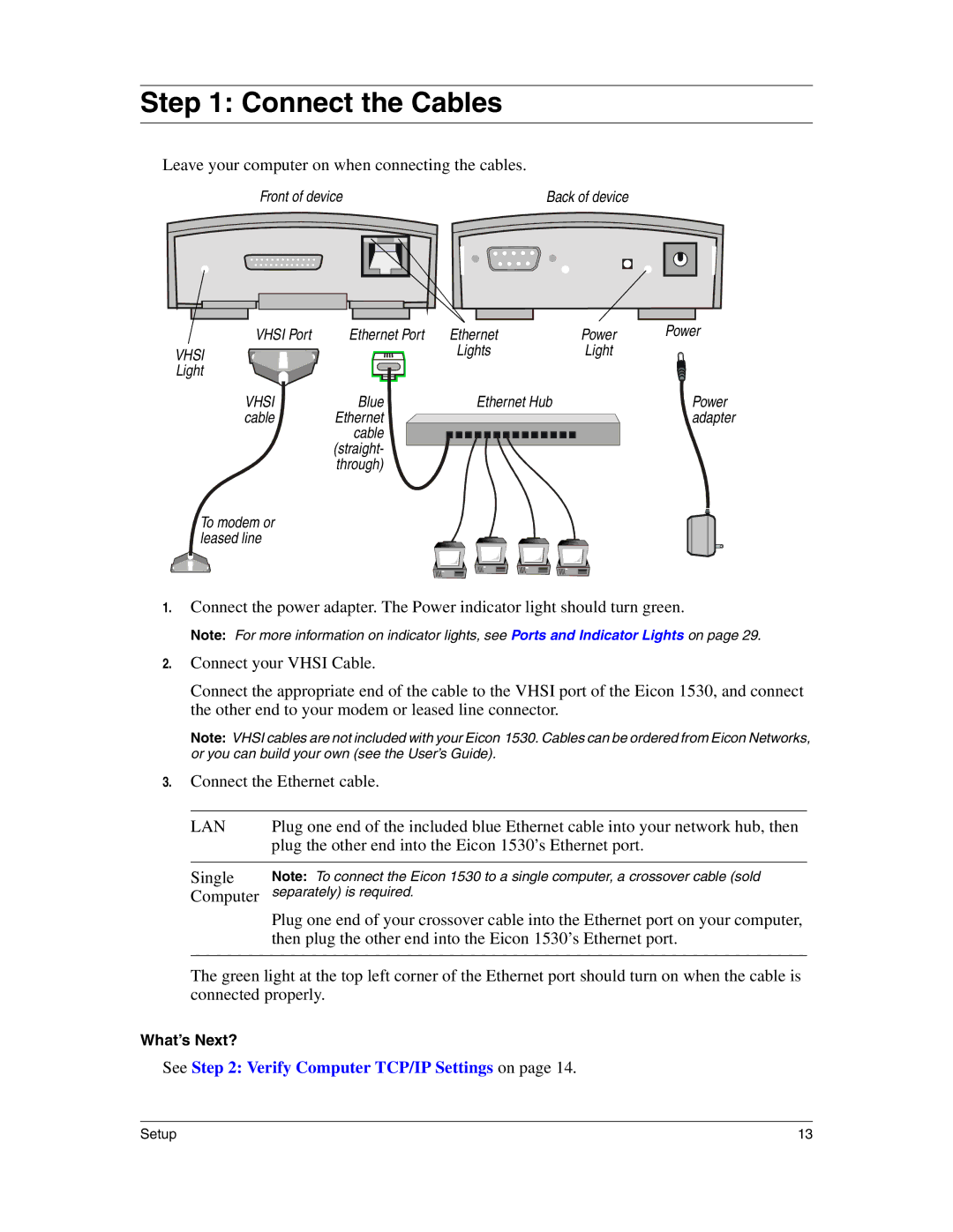 Eicon Networks 1530 manual Connect the Cables, Leave your computer on when connecting the cables 