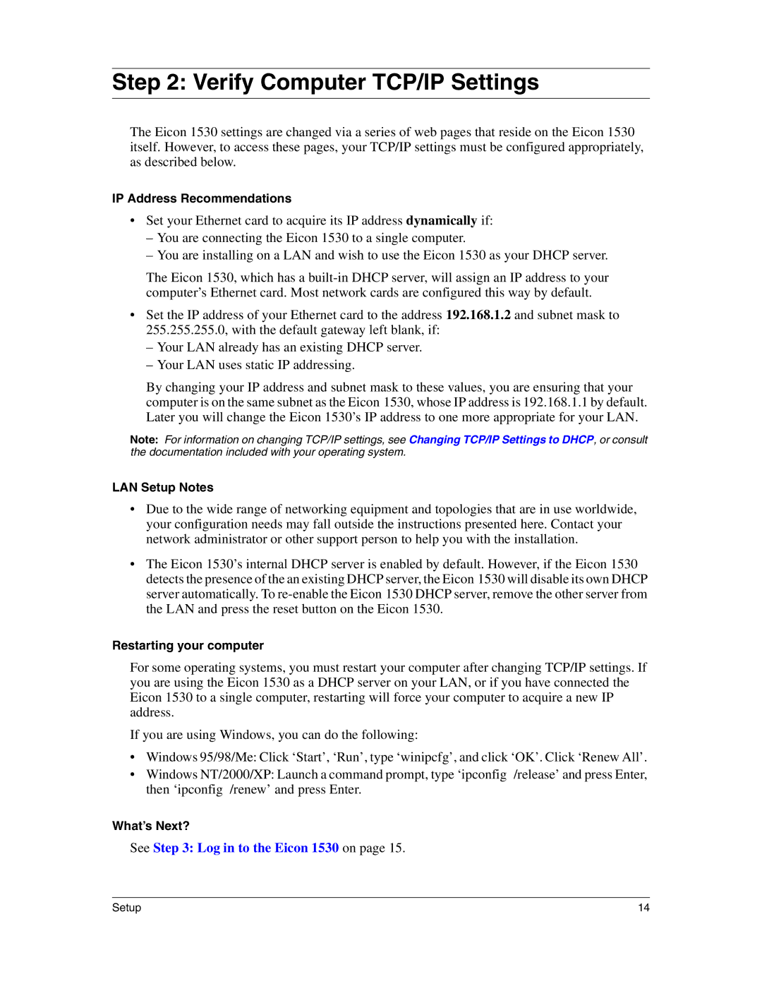 Eicon Networks 1530 manual Verify Computer TCP/IP Settings 