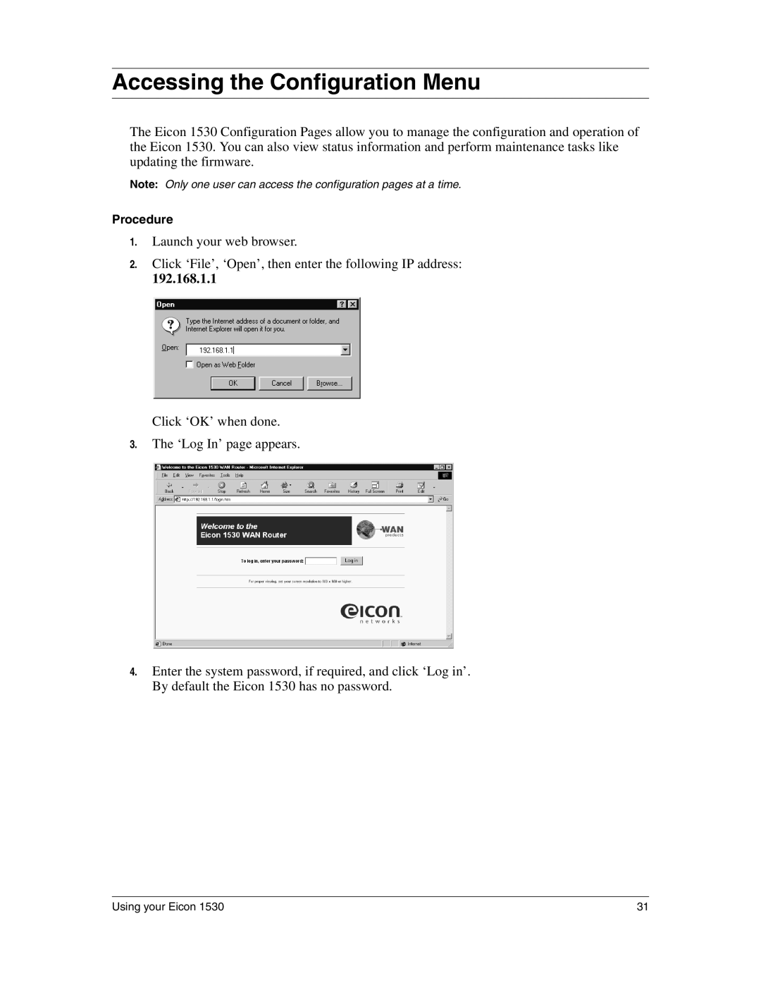 Eicon Networks 1530 manual Accessing the Configuration Menu, 192.168.1.1 