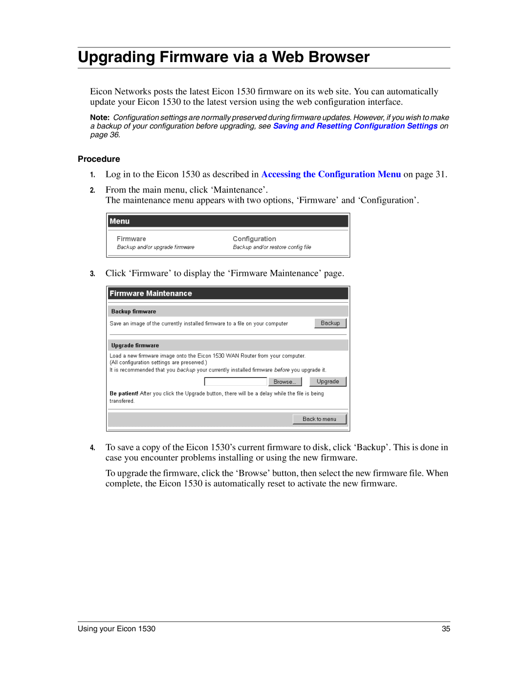 Eicon Networks 1530 manual Upgrading Firmware via a Web Browser 