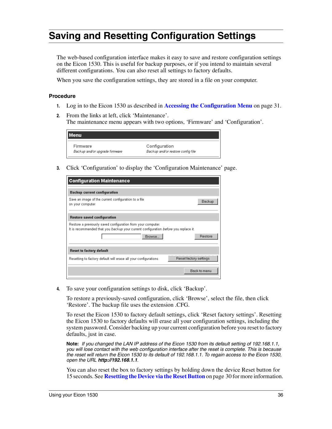 Eicon Networks 1530 manual Saving and Resetting Configuration Settings 