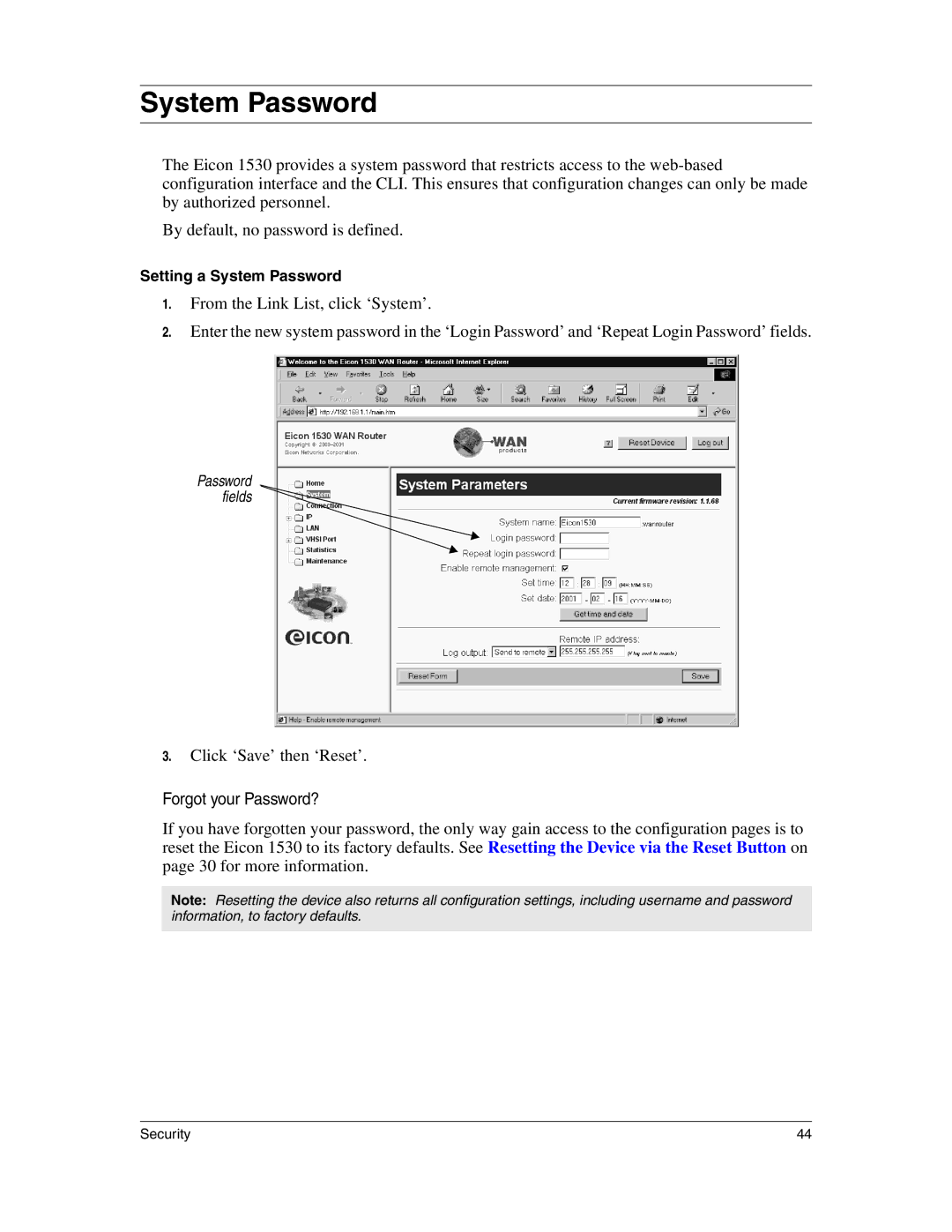 Eicon Networks 1530 manual System Password, Forgot your Password? 