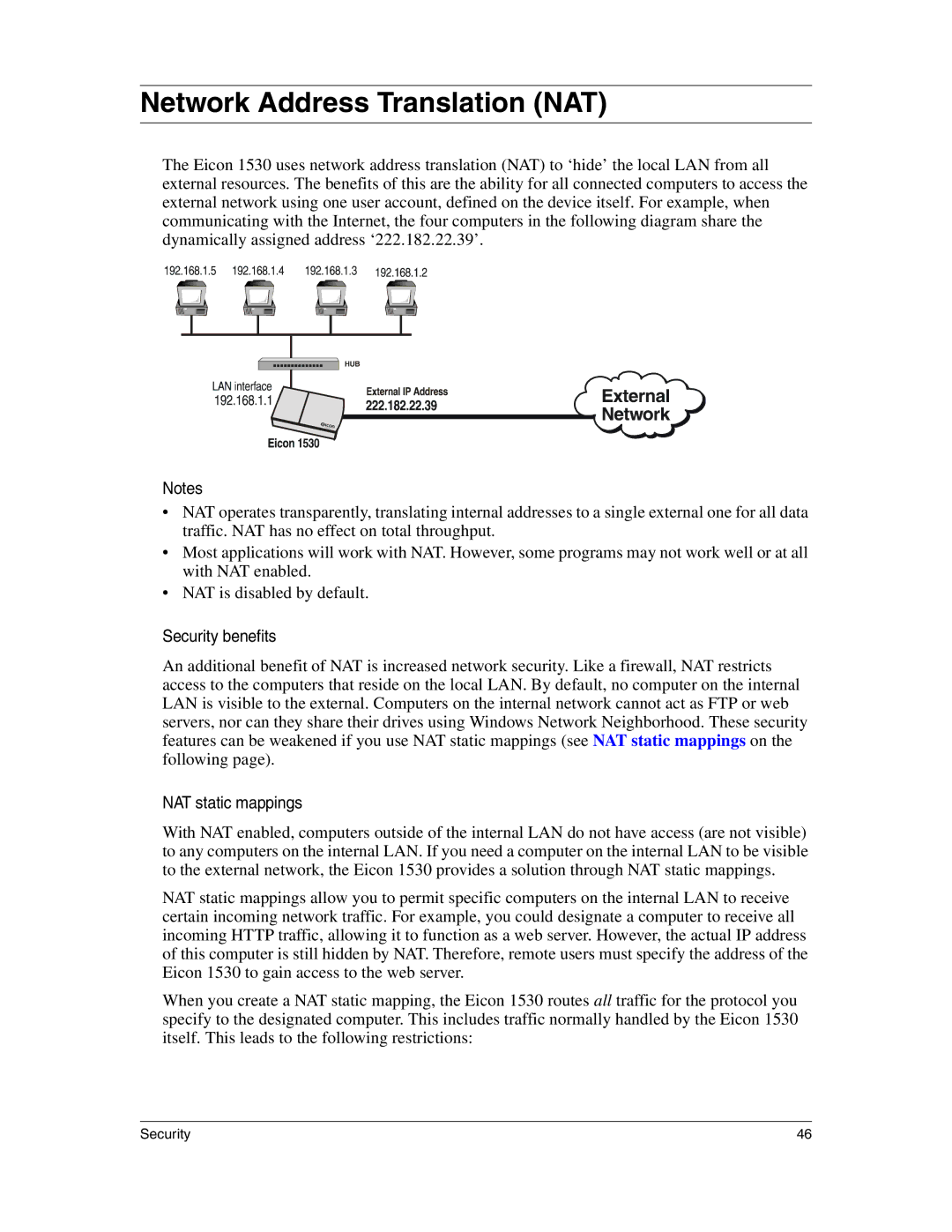 Eicon Networks 1530 manual Network Address Translation NAT, Security benefits 