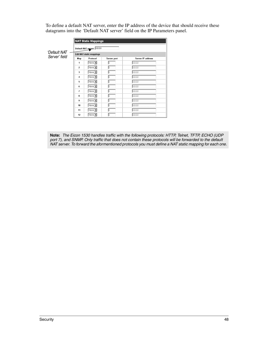 Eicon Networks 1530 manual ‘Default NAT Server’ field 