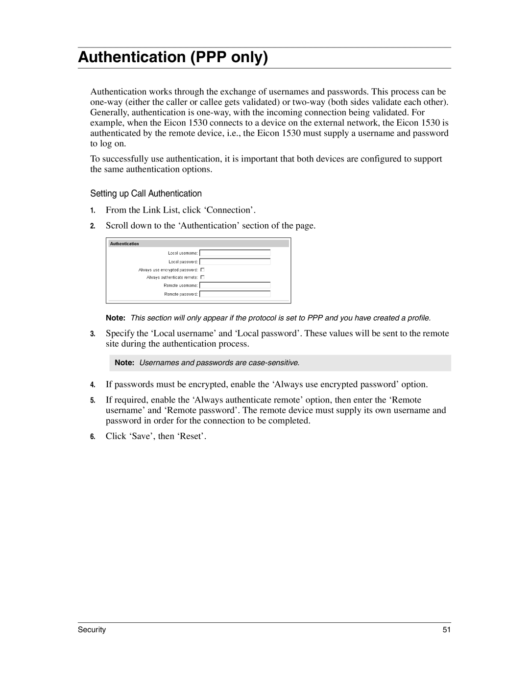 Eicon Networks 1530 manual Authentication PPP only, Setting up Call Authentication 