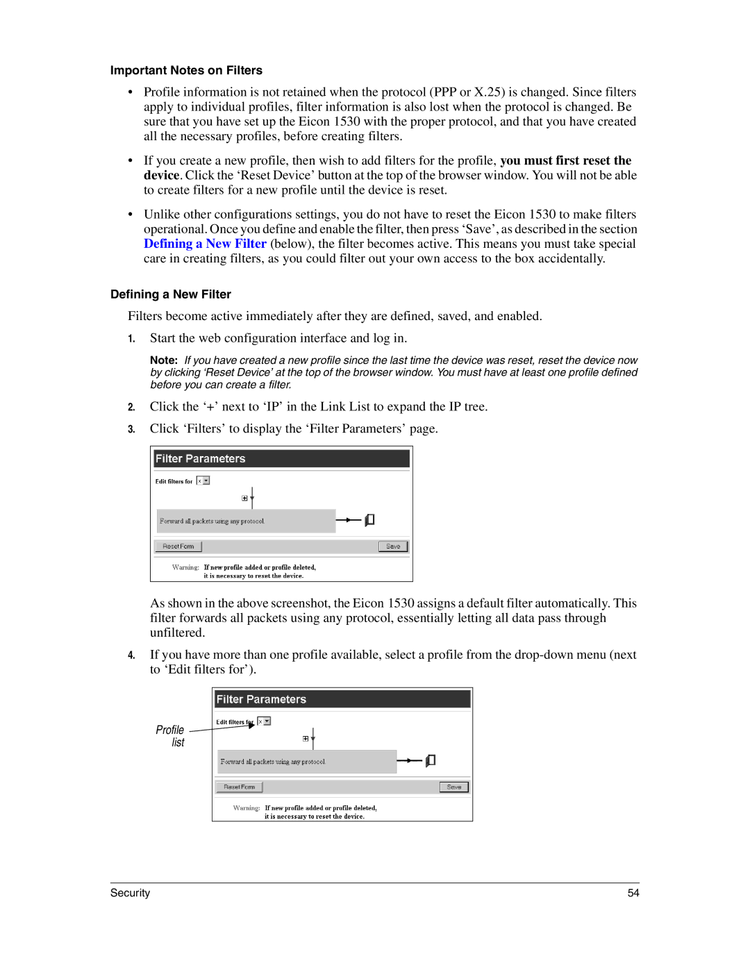 Eicon Networks 1530 manual Important Notes on Filters 