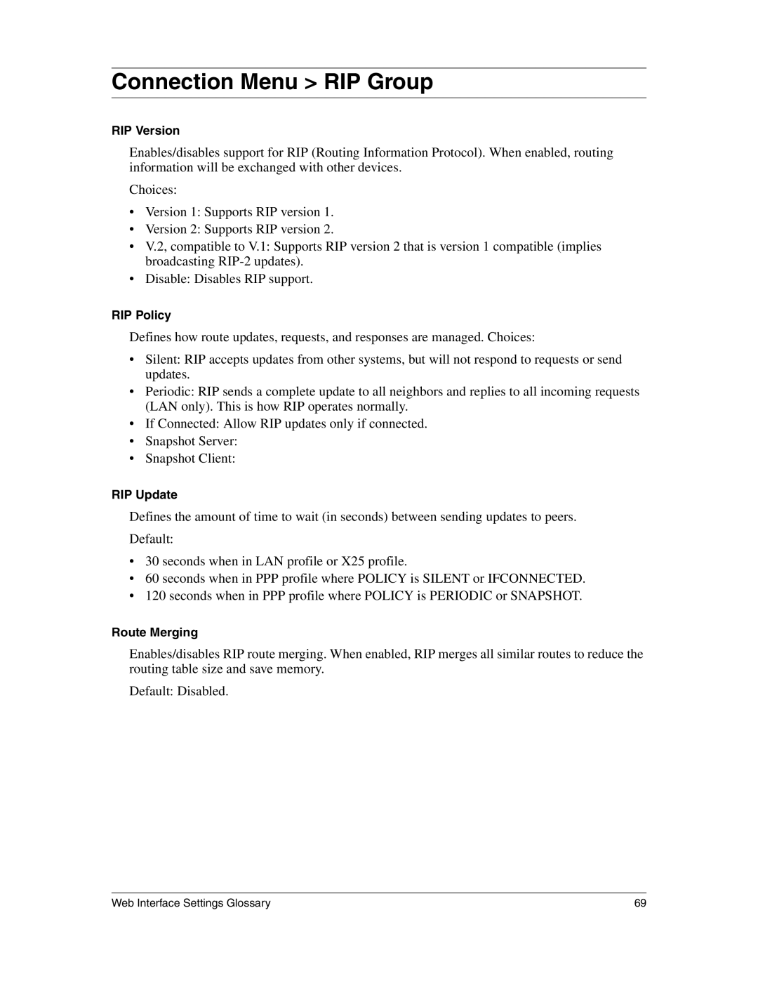 Eicon Networks 1530 manual Connection Menu RIP Group 