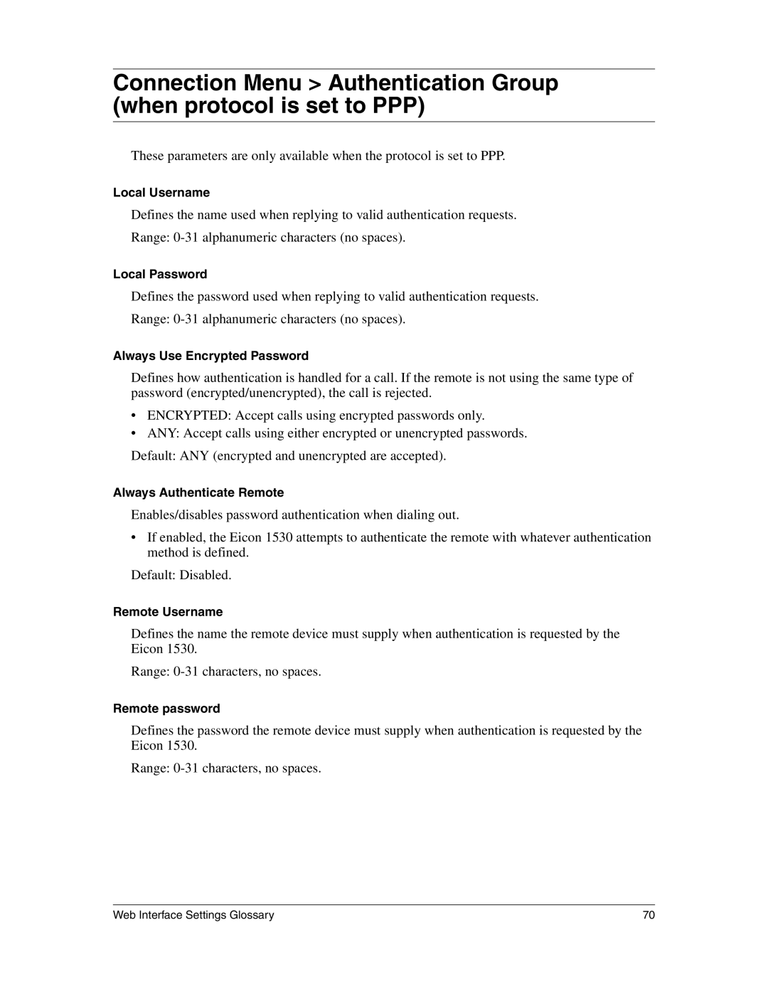 Eicon Networks 1530 manual Local Username 