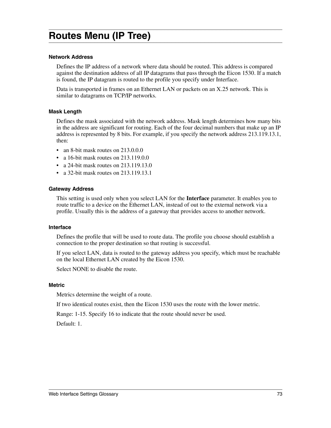 Eicon Networks 1530 manual Routes Menu IP Tree 