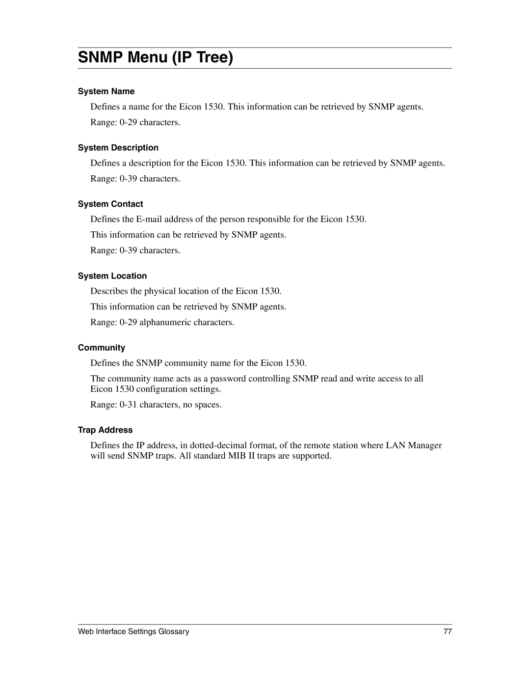 Eicon Networks 1530 manual Snmp Menu IP Tree 