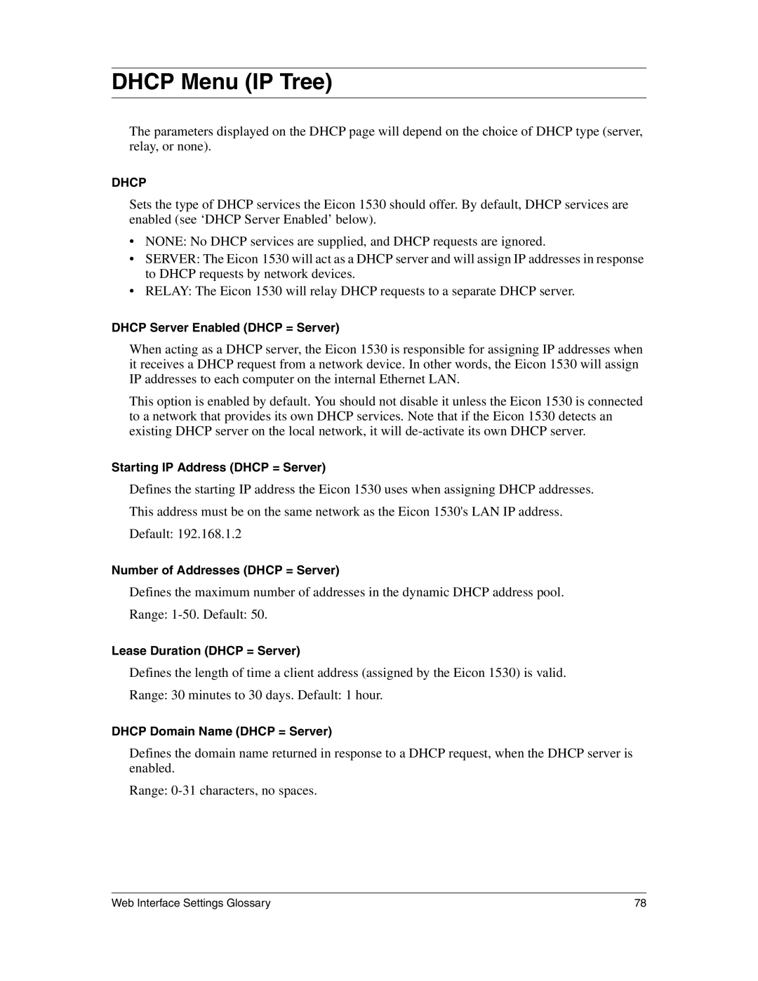 Eicon Networks 1530 manual Dhcp Menu IP Tree 