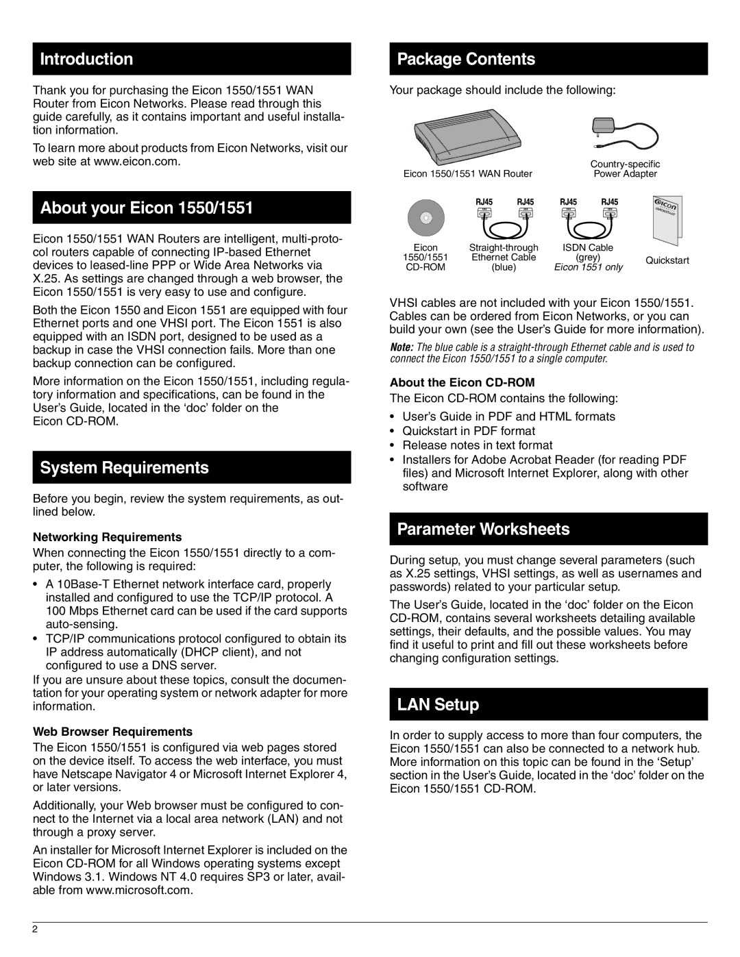 Eicon Networks Introduction, About your Eicon 1550/1551, System Requirements, Package Contents, Parameter Worksheets 