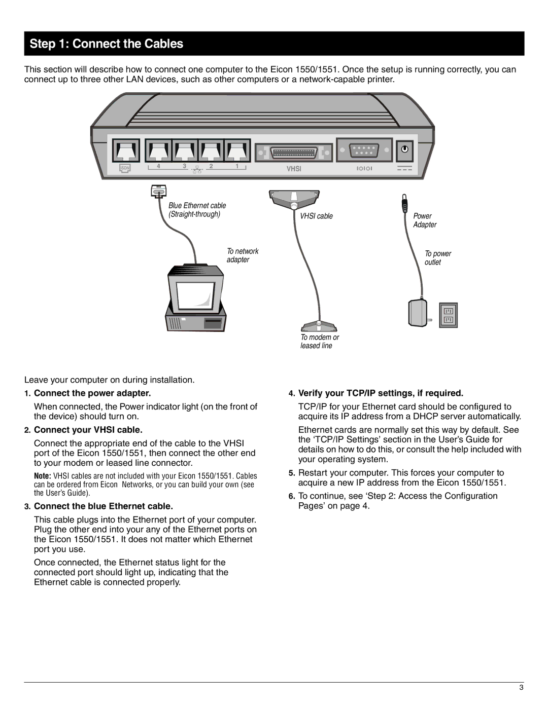 Eicon Networks 1551, 1550 quick start Connect the Cables, Connect the power adapter, Connect your Vhsi cable 