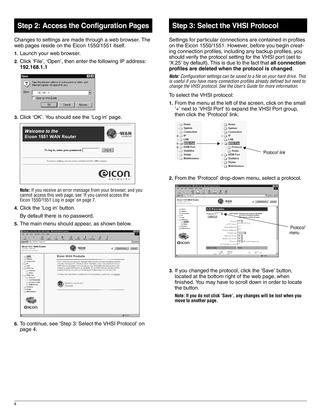 Eicon Networks 1550, 1551 quick start Access the Configuration Pages, Select the Vhsi Protocol, 192.168.1.1 