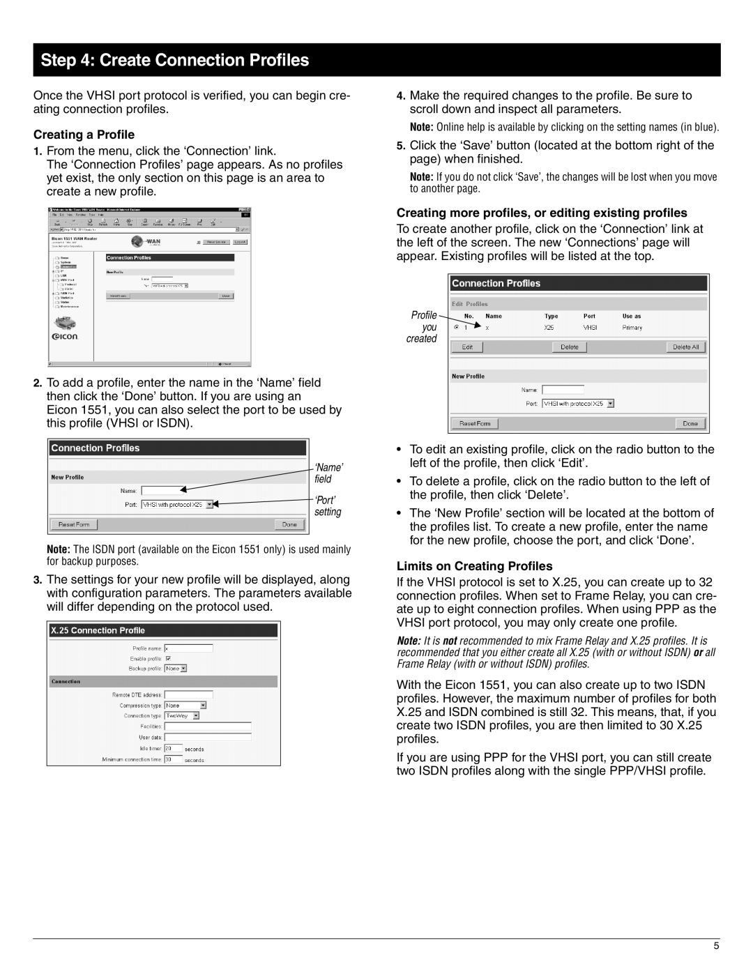 Eicon Networks 1551 Create Connection Profiles, Creating a Profile, Creating more profiles, or editing existing profiles 