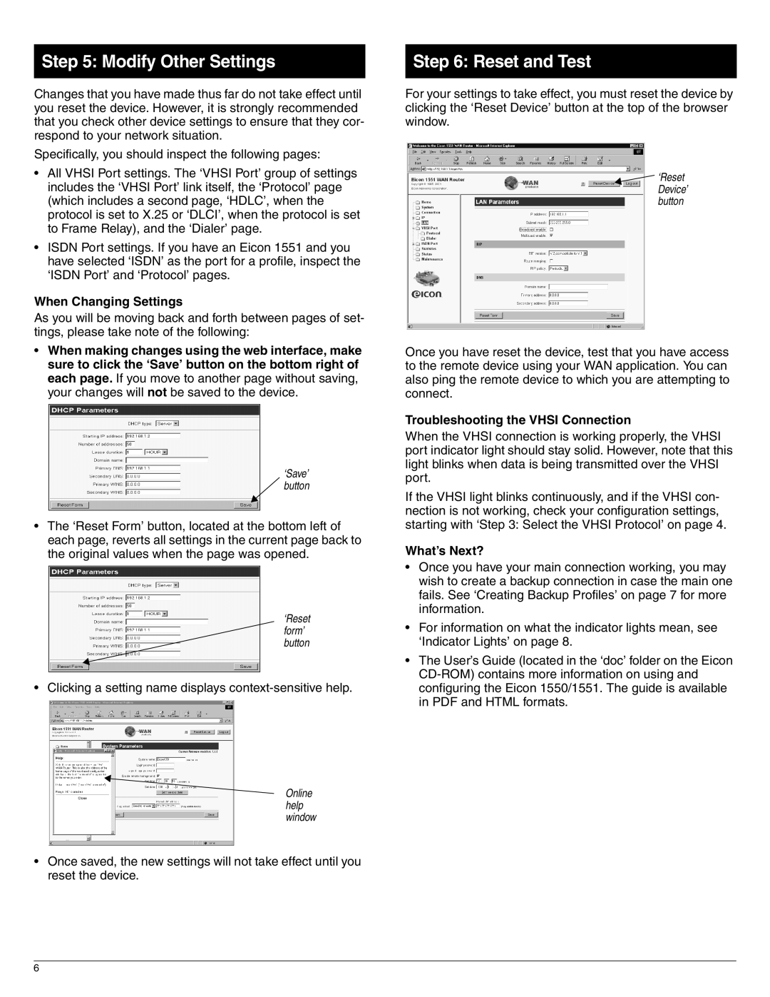 Eicon Networks 1550 Modify Other Settings, Reset and Test, When Changing Settings, Troubleshooting the Vhsi Connection 