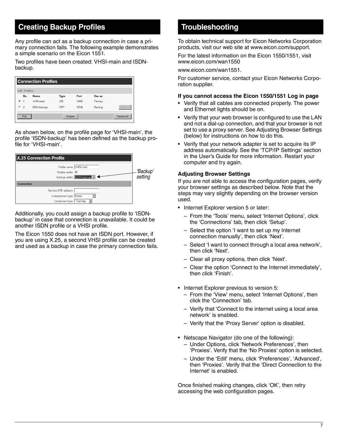 Eicon Networks quick start Creating Backup Profiles, Troubleshooting, If you cannot access the Eicon 1550/1551 Log 