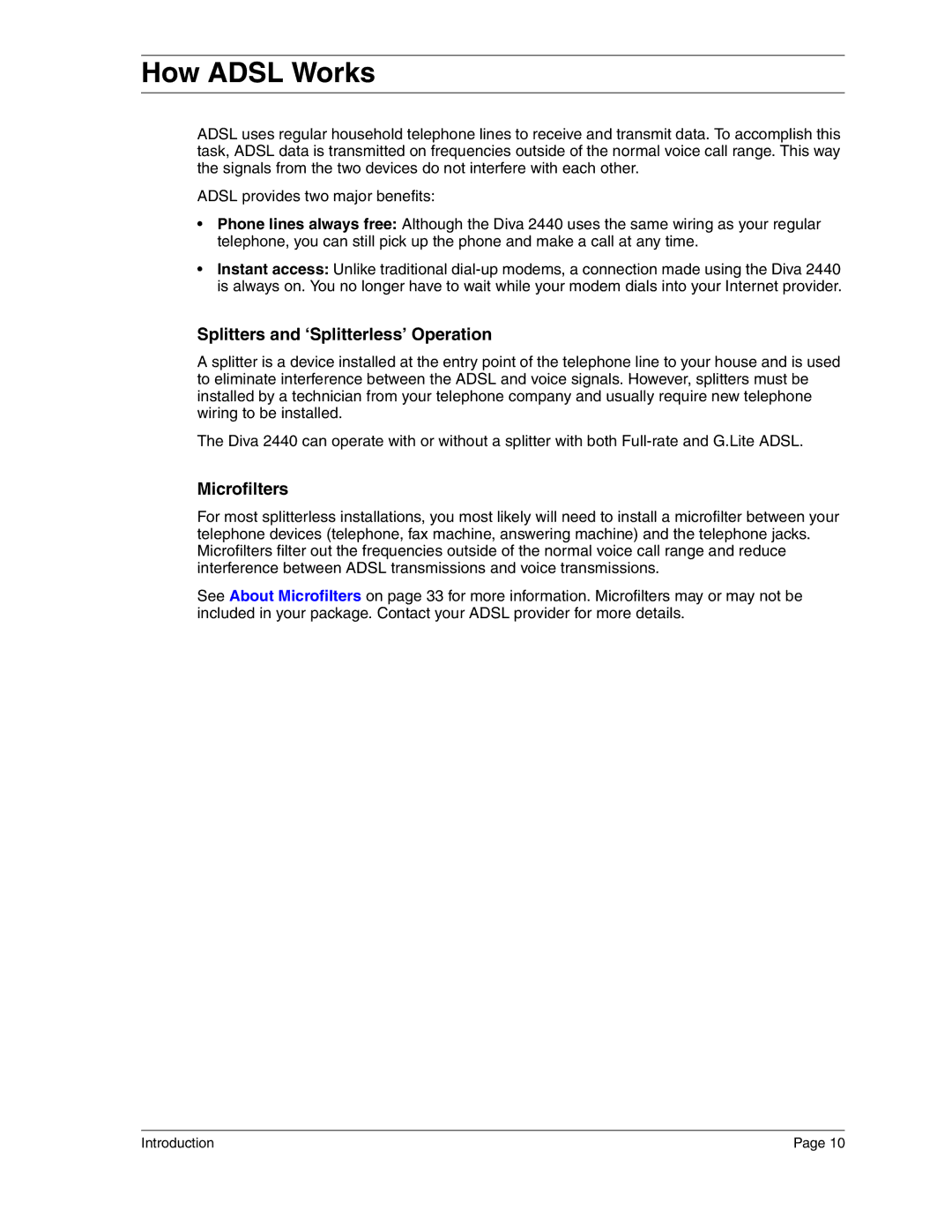 Eicon Networks 2440 manual How Adsl Works, Splitters and ‘Splitterless’ Operation, Microfilters 