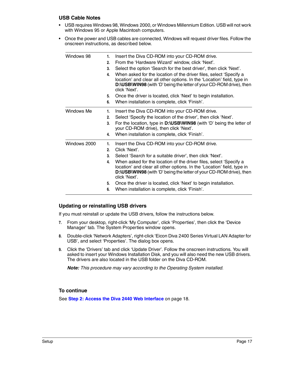 Eicon Networks 2440 manual USB Cable Notes, Updating or reinstalling USB drivers, To continue 