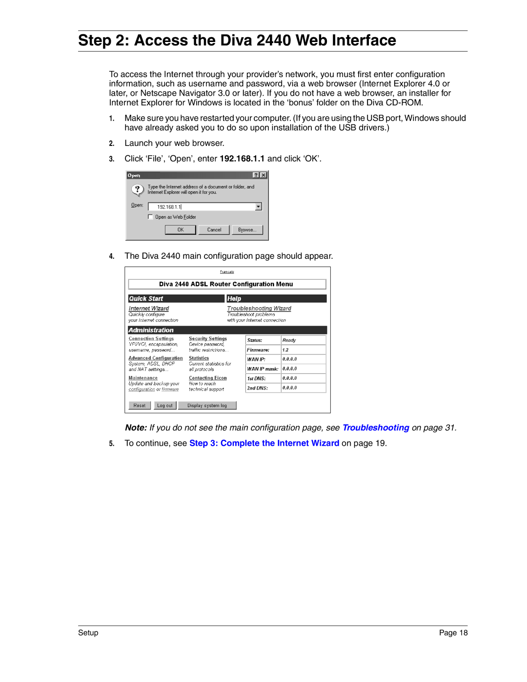 Eicon Networks manual Access the Diva 2440 Web Interface 