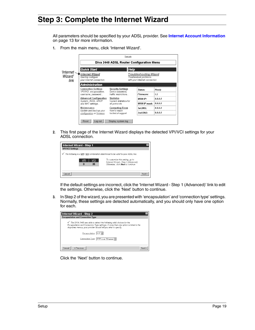 Eicon Networks 2440 manual Complete the Internet Wizard, Link 