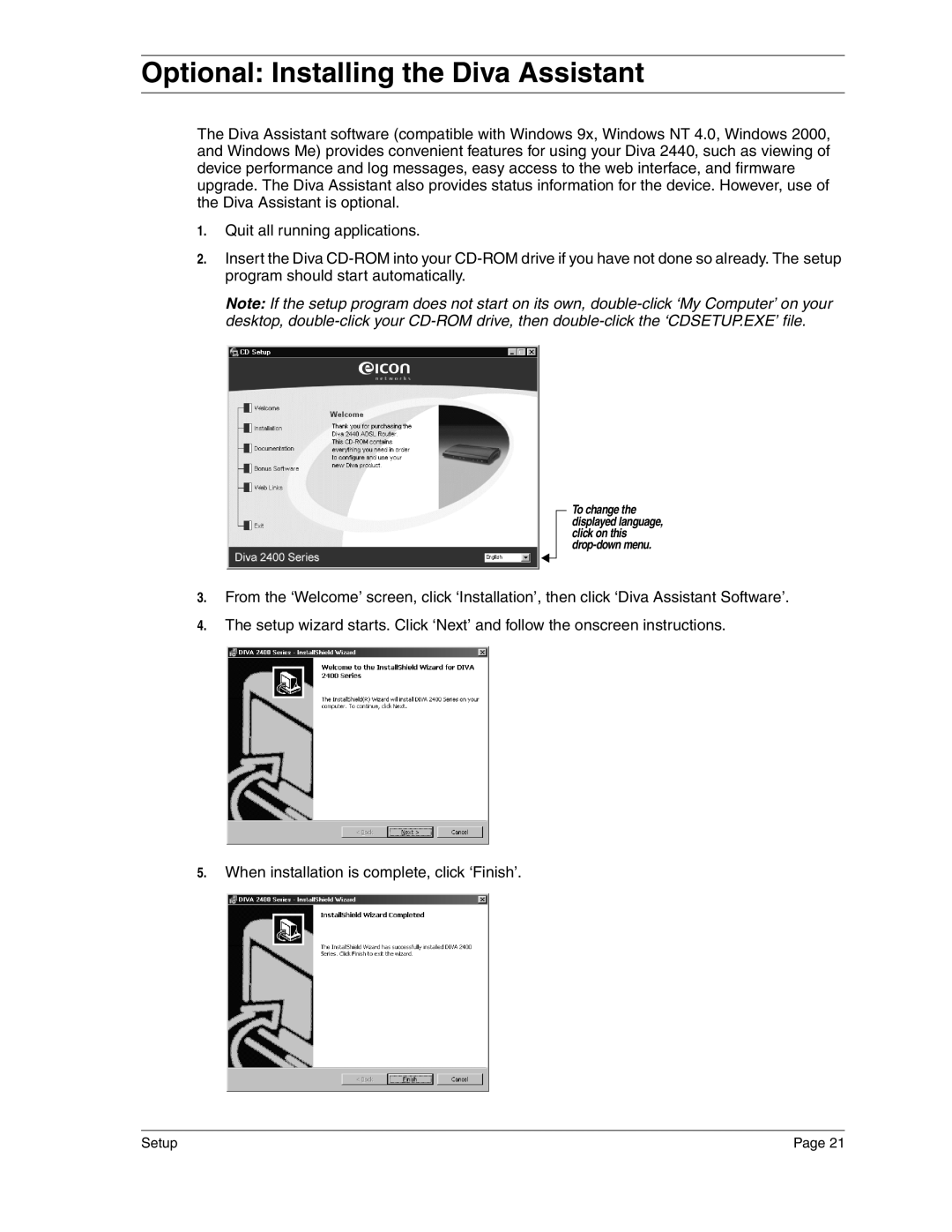 Eicon Networks 2440 manual Optional Installing the Diva Assistant 