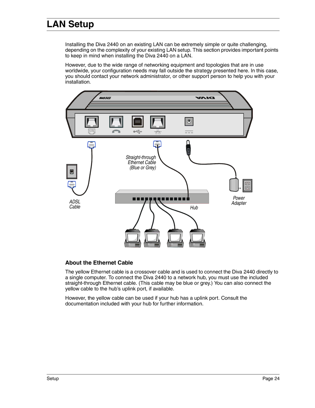 Eicon Networks 2440 manual LAN Setup, About the Ethernet Cable 